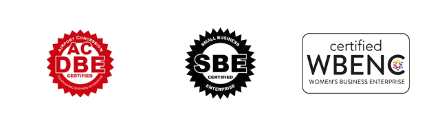 ACDBE, SBE and WBENC certification badges